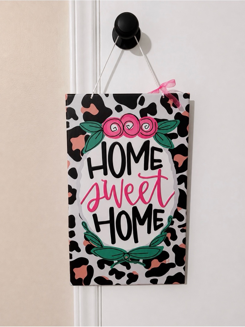 Home Sweet Home Floral Leopard Print Hanging Wall Sign | Pink & Black